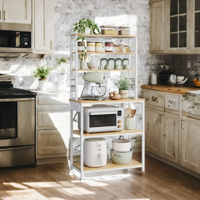 LEDREM 31.5" Kitchen Baker's Rack with 4 Outlets, 6-Tier Adjustable Shelves & Hooks, Space-Saving Microwave Stand, Golden Oak and White