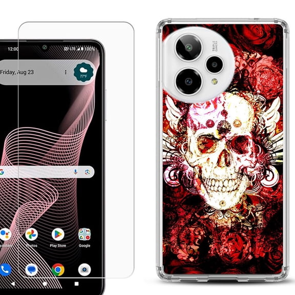 Phone Case for ATT Verge 2 5G, with Screen Protector, by OneToughShield - Rose Skull