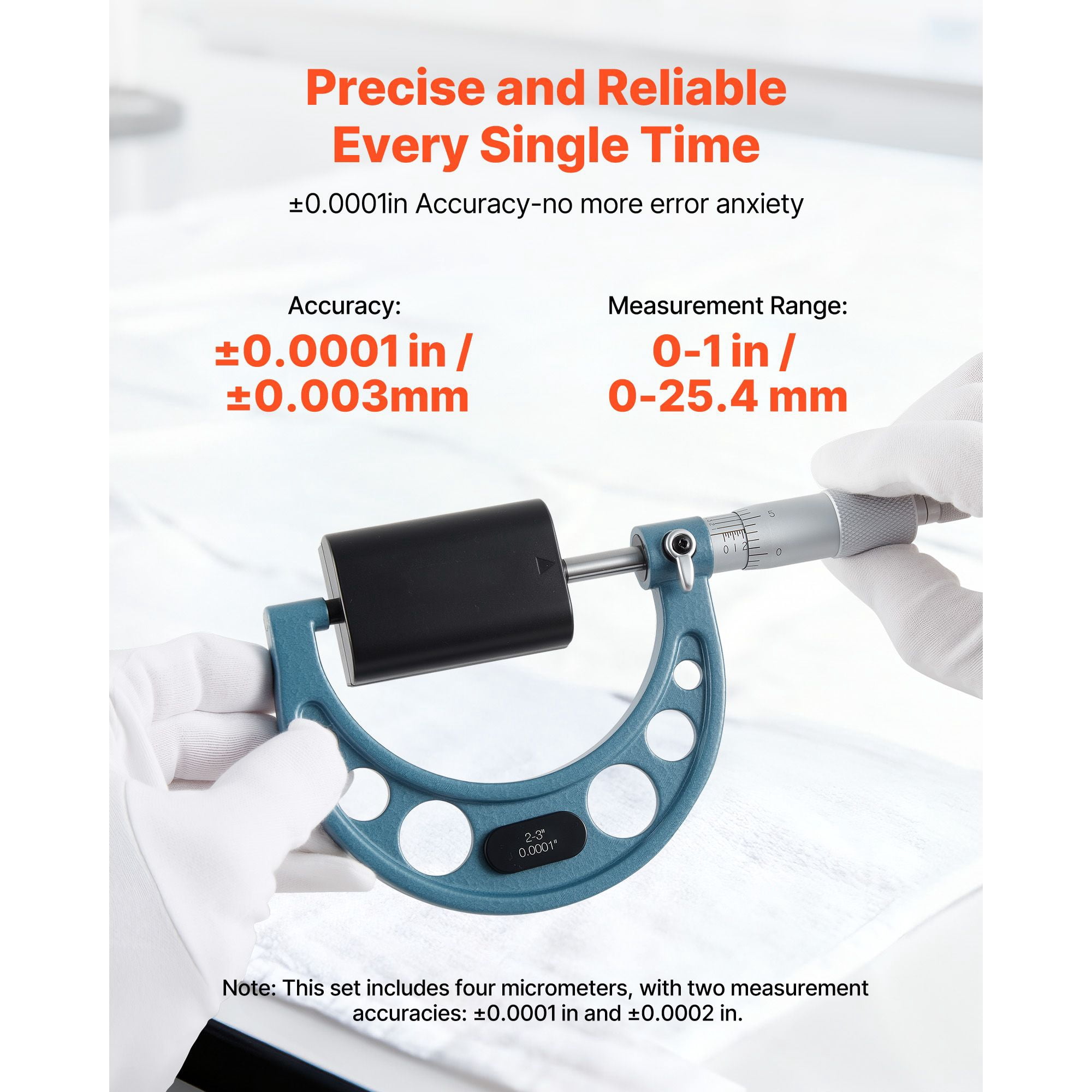 4-Piece High-Precision Micrometer Set, 0-4 inch Range, Carbide-Tipped Measuring Face, Includes 3 Calibration Rods & Hard Case, for Precision Engineering & Machining