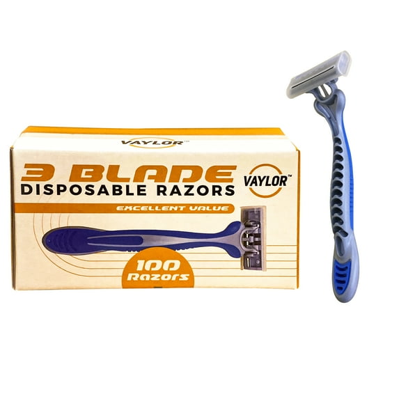 Vaylor 3 Blade Pivoting Disposable Shaving Razors with Rubber Grip, 100 Count