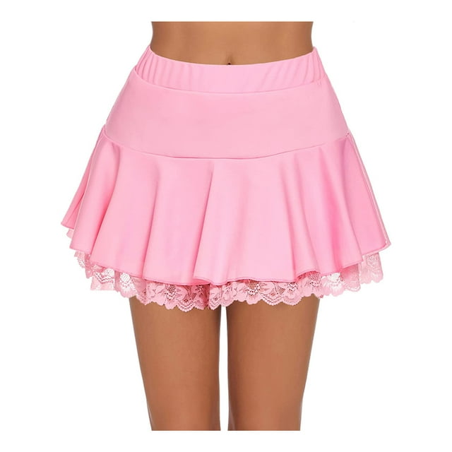 Sunloudy Women Pleated Mini Skirt,A-shaped Flared Outline Lace Ruffle Elastic Waistband Short Skirt