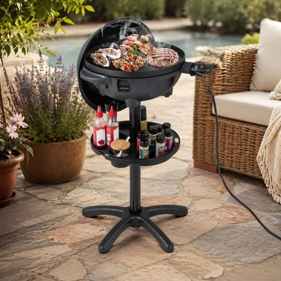 Electric Bbq Grill 1200W Indoor Outdoor Barbecue Grill with 2-Zone Non-Stick Plate and Removable Stand, Black