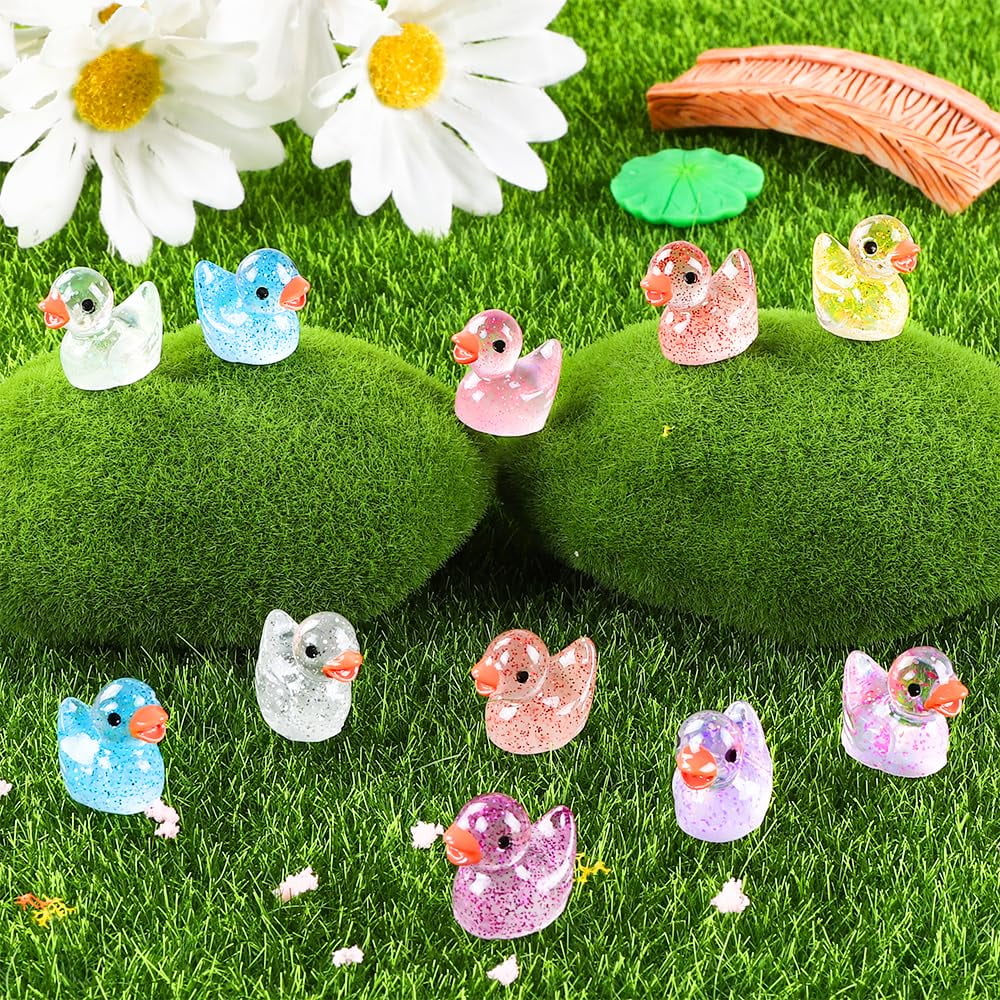 100pcs Mini Glitter Ducks Colorful Tiny Small Little Resin Ducks to Hide Plastic Animal Figures for for Dollhouse Micro Dollhouse Landscape Aquarium Decorations