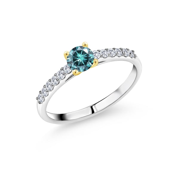 Gem Stone King 925 Silver and 10K Yellow Gold Ring Blue Moissanite and Lab Grown Diamond (0.68 Cttw, Size 9)