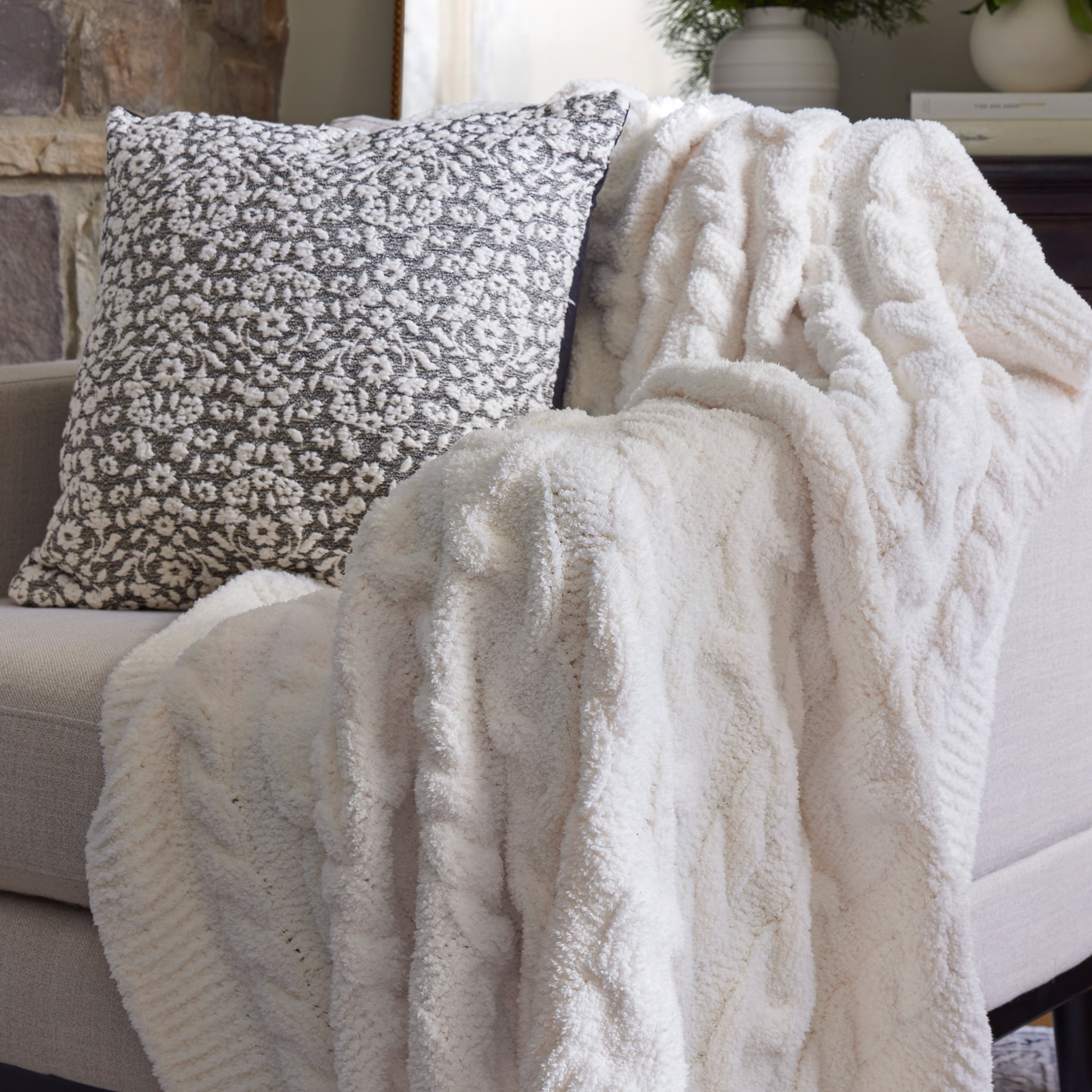 Better Homes & Gardens Vanilla Cable Cozy Knit Oversize Soft Warm Couch Throw Blanket, Vanilla