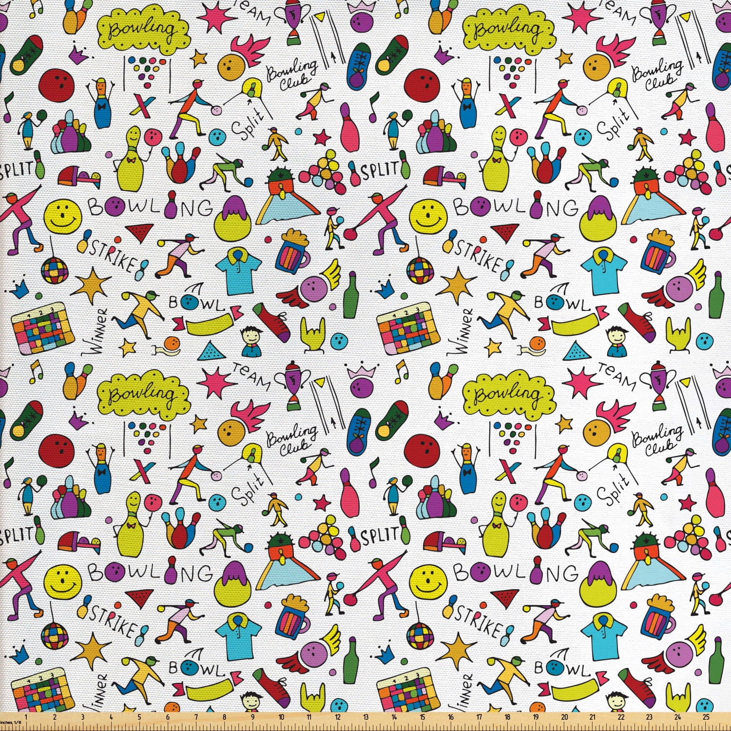 Bowling Fabric by The Yard, Cartoon Style Cheerful Hobby Pattern with