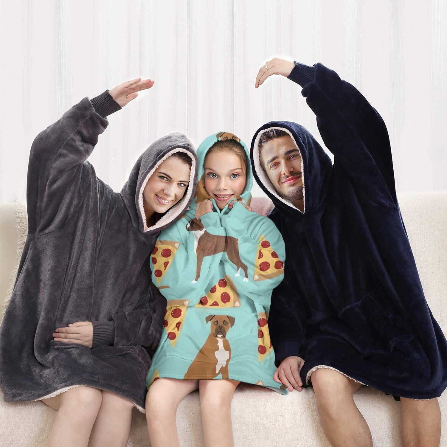 Boxer Dog Pitbull Terriers Dog and Pizza Blanket Hoodies for Kids 6-13YR Oversize Wearable Blanket Hoodies for Boys Girls Teens