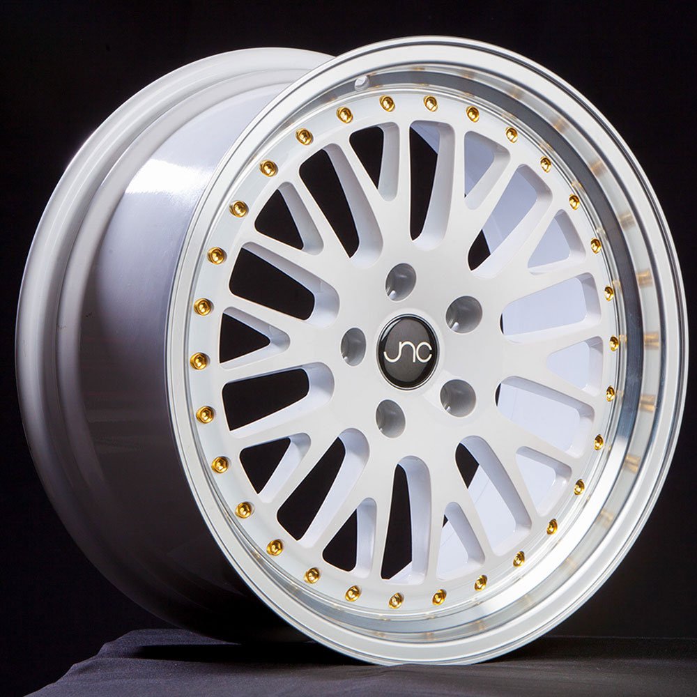 JNC Wheels 15" JNC001 White Machined Lip Gold Rivet Rim 4x100