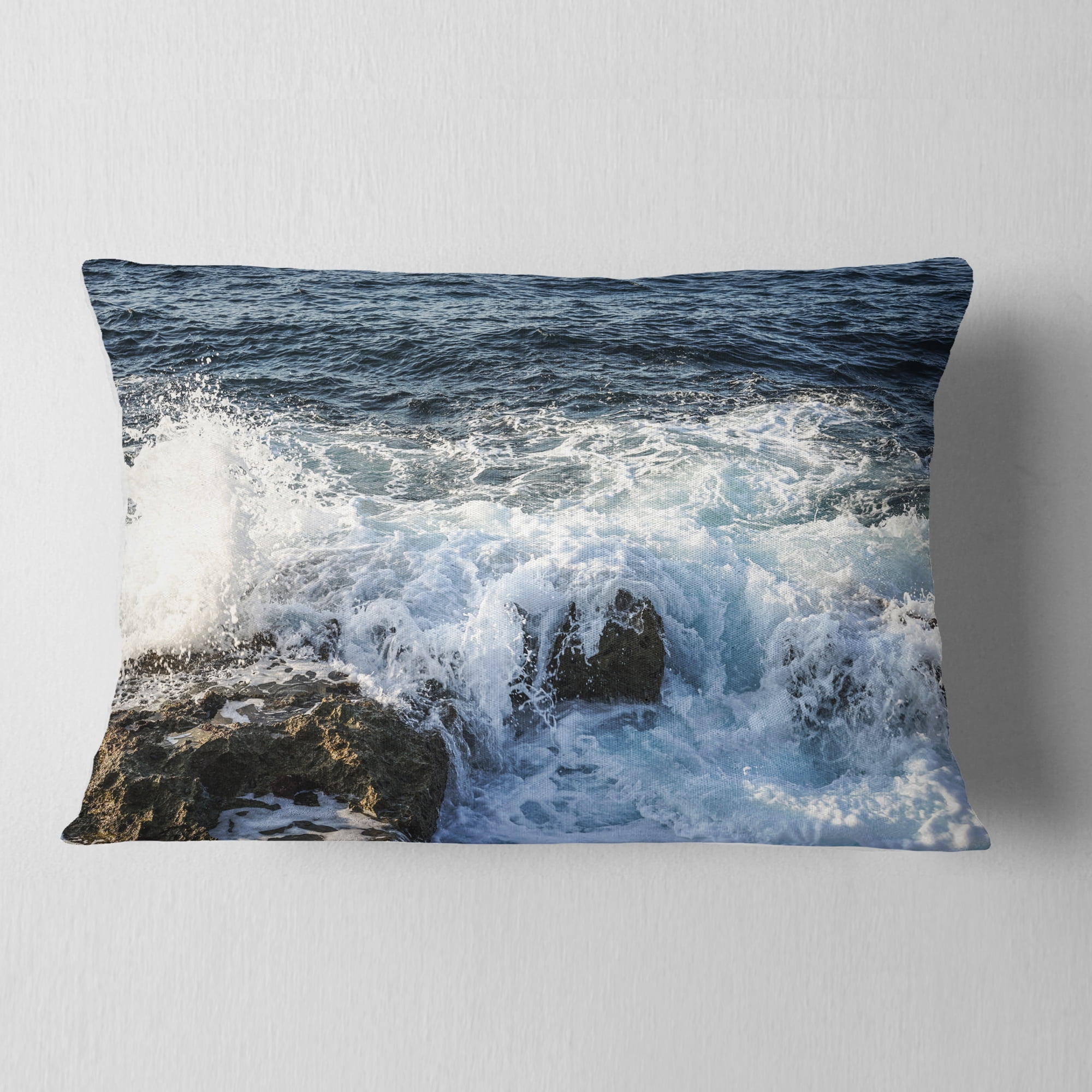 Designart Waves Breaking on Stony Beach - Seashore Throw Pillow - 12x20