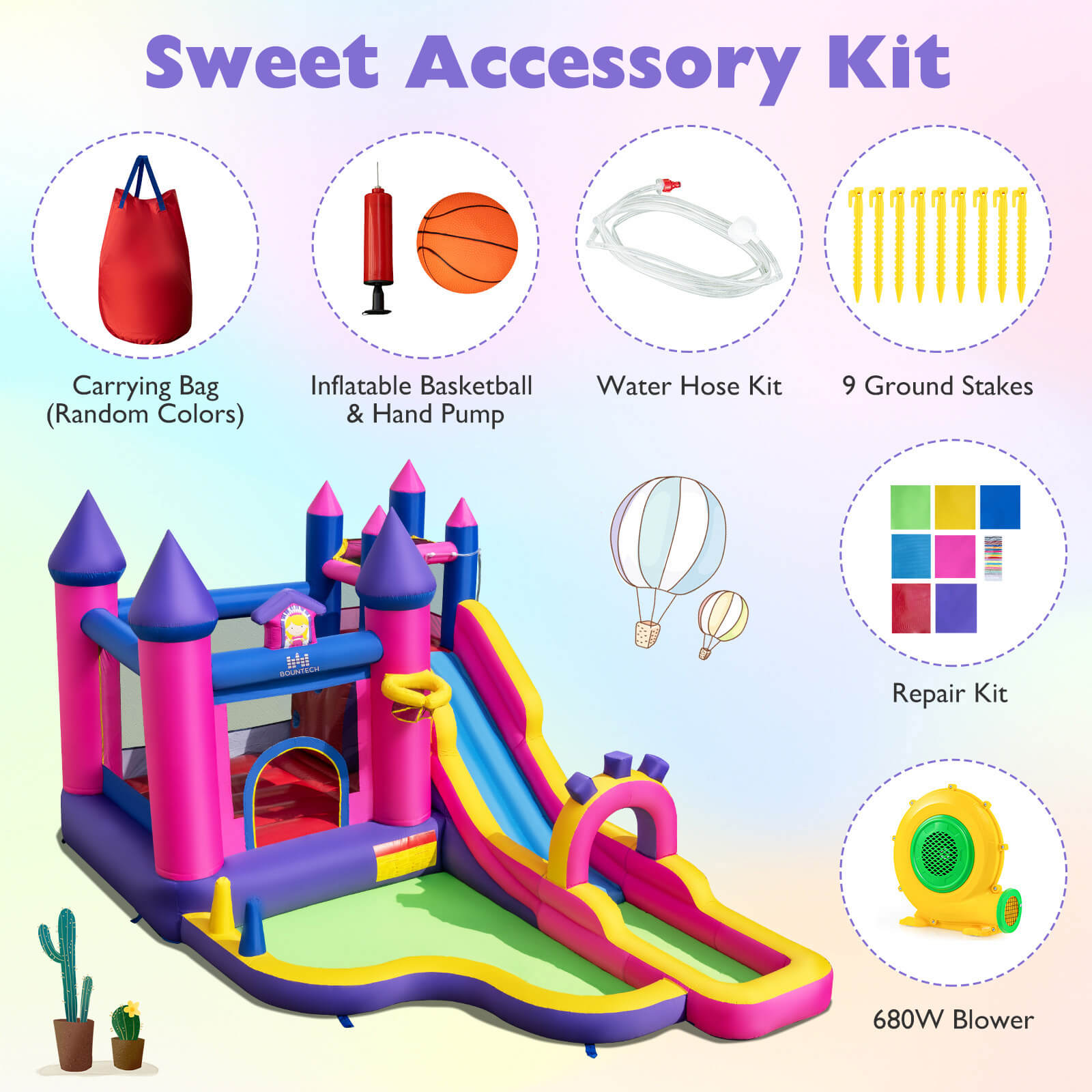 Costway Inflatable Water Slide with Climbing Wall Basketball Hoop Splash Pool 680W Blower