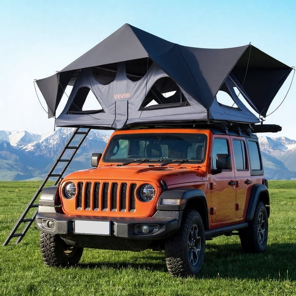 VEVOR Rooftop Tent, 2-3 Person Foldable Aluminum Roof Top Tent with Tri-Color LED Light, Thick Mattress & 10 Windows, Waterproof Windproof Overland Camping Car Roof Rack Suitable for Jeep SUV Pickup