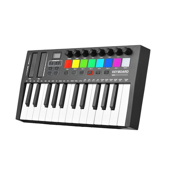 Meterk 25 Key MIDI Keyboard Controller Professional Electronic Audio Intelligent Portable Arranging Pad Keyboard Piano Lightweight USB 5V/1A Type-C OLED Display Assignable Knobs Buttons