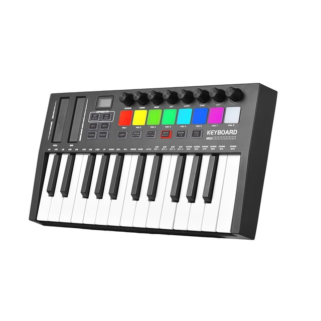 Graflsoa Compact 25-Key MIDI Keyboard with 8 Impact Pads, OLED Display, and USB Type-C Power for Portable Music Production