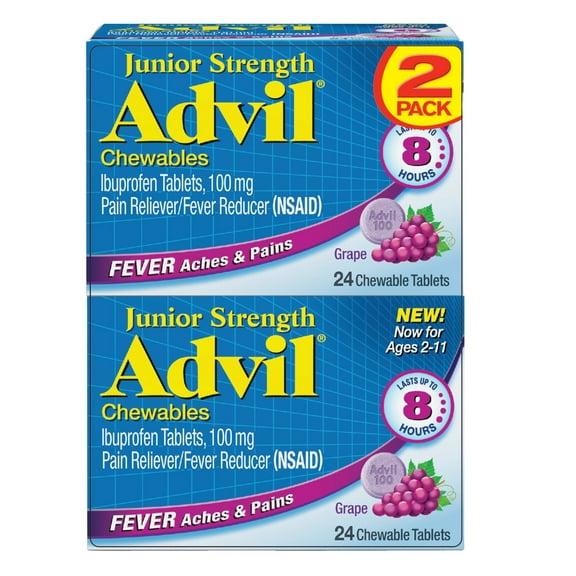 Children's Advil Junior Strength Chewable Grape Flavor Pain Relief Medicine and Fever Reducer, 100 Mg Children's Ibuprofen for Ages 2-11, 24 Ct (Pack of 2)