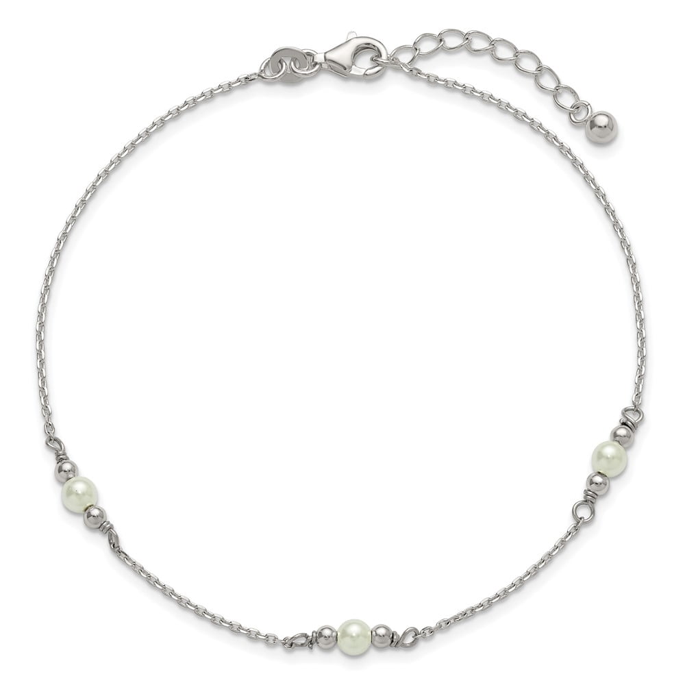 Sterling Silver Polished and Beaded with Acrylic Pearl 9 in with 1 inch Extension Anklet