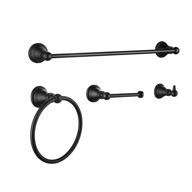 Derengge F-080-OB 4-Piece Bathroom Hardware Accessory Set with 18" Towel Bar -Towel Ring- Paper Holder-Robe Hook Matte Black