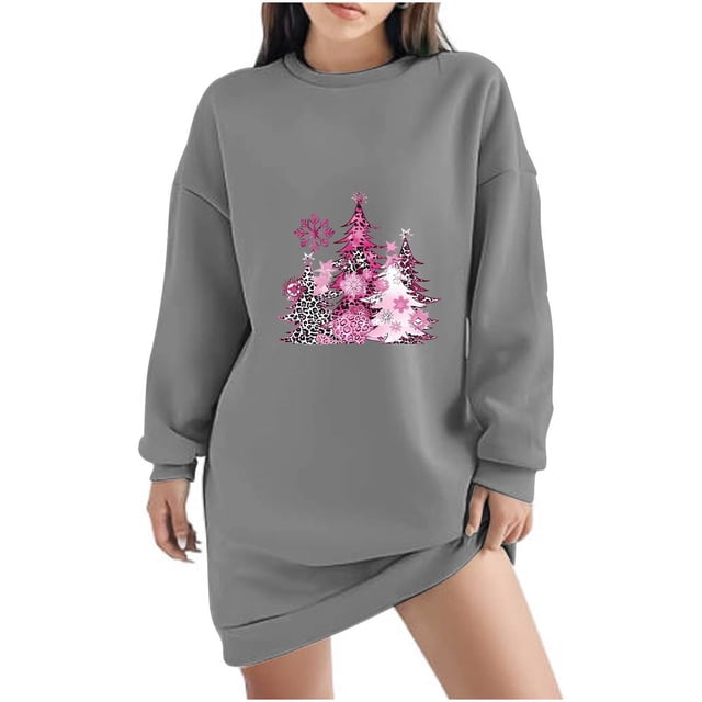 Pisexur Robe de Noël pour Femmes Mode Imprimé Arbre de Noël Col Rond Robe Chandail en Molleton Décontractée Manches Longues Robe de Fête d'Automne Mini Robe