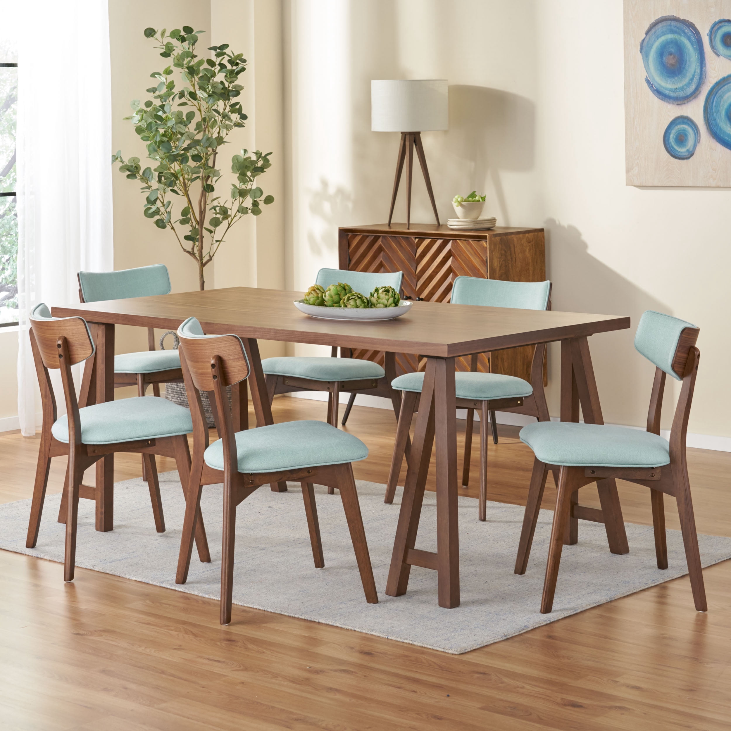 Noble House Sadie Rubberwood Dining Set, Mint, Natural Walnut