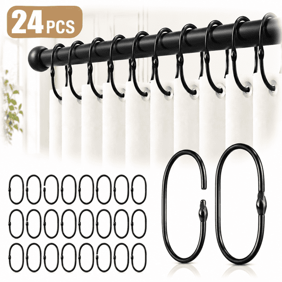 24 Pcs Shower Curtain Rings Rust Proof Iron Shower Curtain Hooks Black/Silver Oval Shower Curtain Rings Multipurpose Snap Joint Shower Curtain Hooks for Bathroom Shower Rod Less or Equal to 1.3inch
