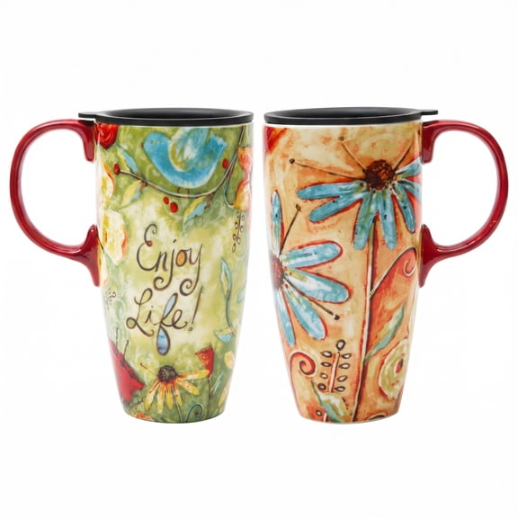 Topadorn Travel Coffee Ceramic Mug Porcelain Latte Tea Cup with Lid in Box 17oz Flower Enjoy Life, 2 Pack