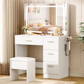 LIVELYGLOW Vanity Set with Mirror&Stool,Makeup Vanity Set with Power Outlet,Vanity Dressing Table with LED Light for Bedroom,White