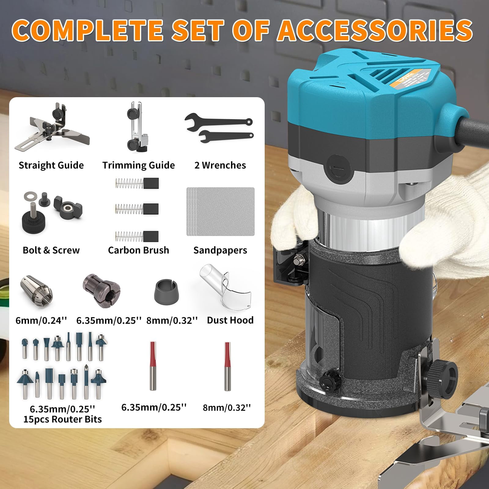 Router Tool, 6.5 Amp 1.25 HP Hand held Wood Router Tool, Compact Palm Trim Router for Woodworking, 6 Variable Speeds Fixed Base Laminate Router Woodworking Tool with Dust Hood 15PCS Router Bits