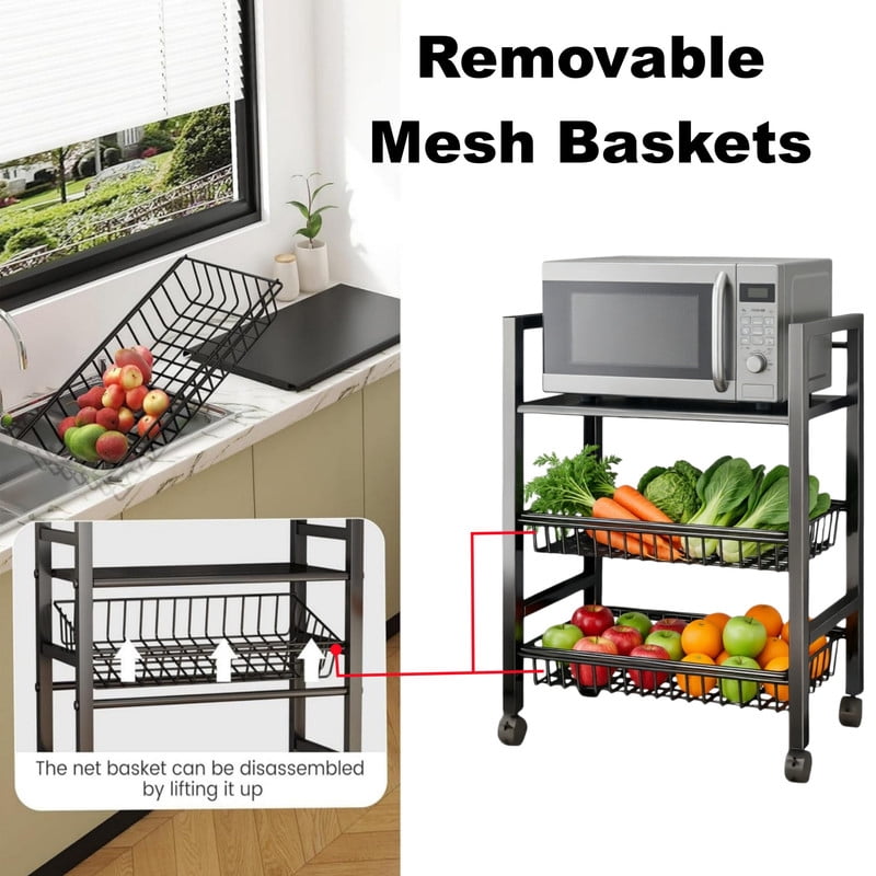Howcool Heavy-Duty 3-Tier Storage Kitchen Cart with 2 Detachable Mesh Baskets, Metal Storage Organizer Rolling Rack