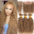 thumbnail image 1 of Paquete de cabello humano con cierre, extensiones de cabello rubio miel n. ° 27, 5x5 HD, ondas profundas de agua con Frontal, extensiones de cabello humano 100% crudo, Ofertas, 1 of 5