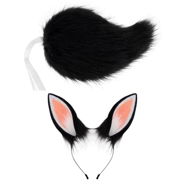 Conjunto de orejas y cola de conejo, diadema de orejas de conejo de peluche para recuerdos de fiesta y accesorios de fotos. Negro