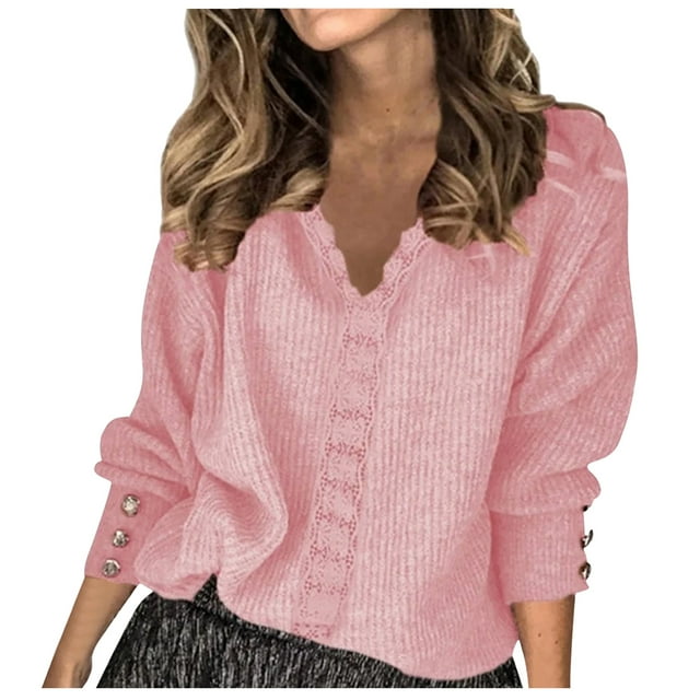WUANDIXFA Pull Over Sweaters Women Solid Color V Neck Lace Stitching Buttons Long Sleeves Sweater Pink,XL