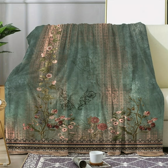 Cozy Floral and Rattan Print Blanket- Soft, Warm, Versatile for Sofa, Bed, Car, Office, Camping, and Travel- Perfect Gift for All Seasons