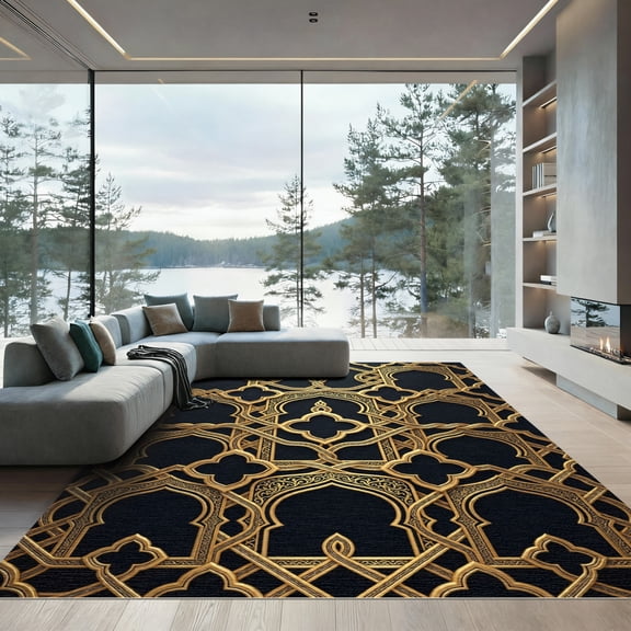 ODIKA 4'x6' Machine Washable Non-Slip Area Rug, Oriental Gold High Traffic Rug, Black, 1246980