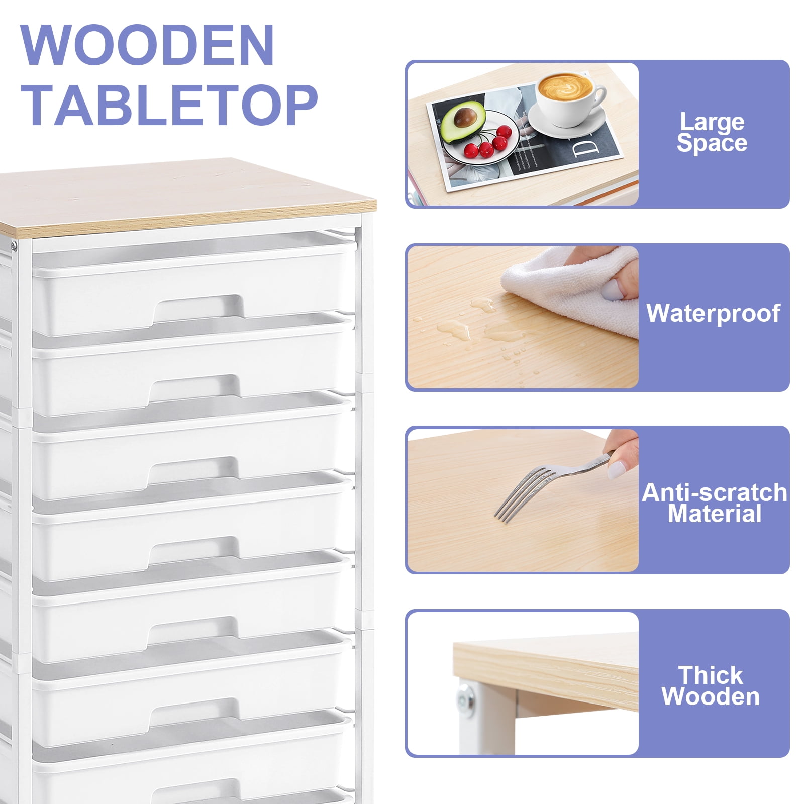 KK KINGRACK Storage Rolling Drawer Cart, Drawer Organizer with 8 Drawers and Wooden Tabletop, Metal & Plastic, White
