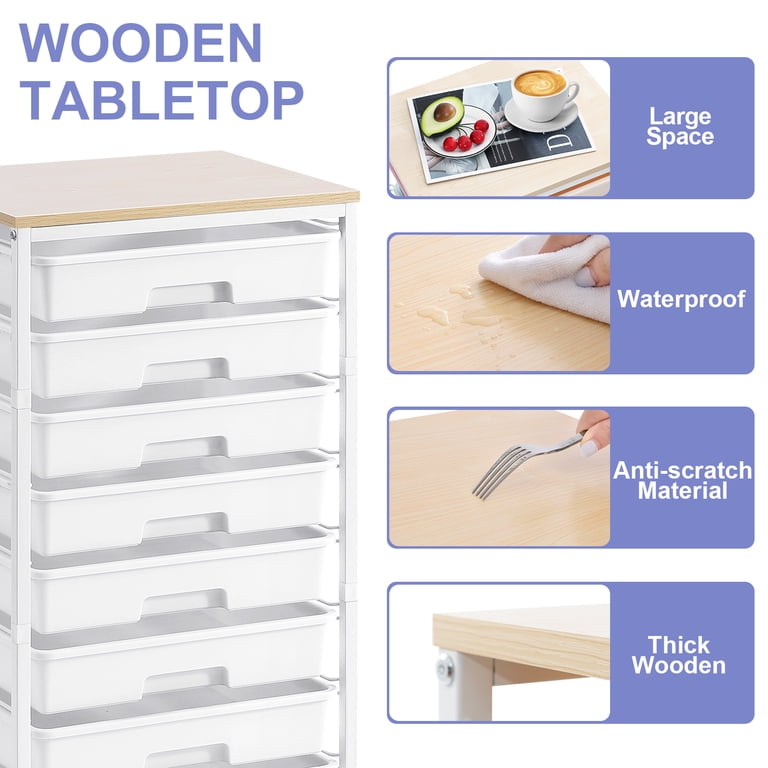 KINGTIDY 8-Drawer Rolling Storage Cart with Wooden Top photo 3