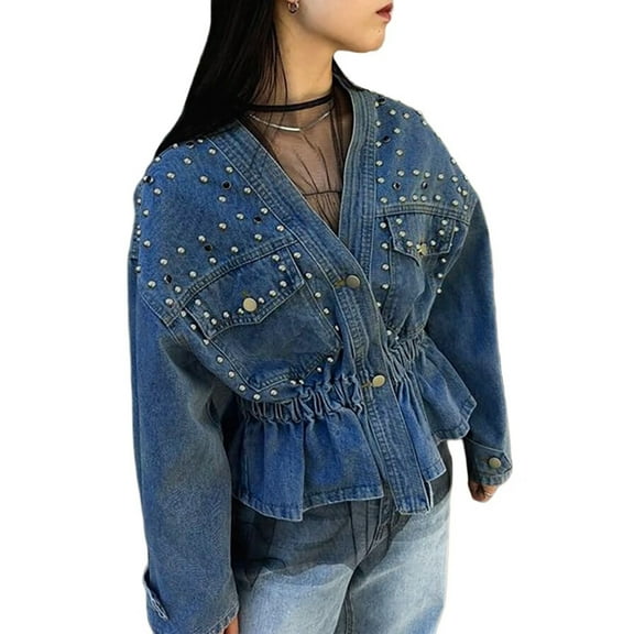 Women Beaded V Neck Button Down Motorcycle Denim Jacket Cinched Waist Streetwear Fall Clothes Trendy Dark Blue M