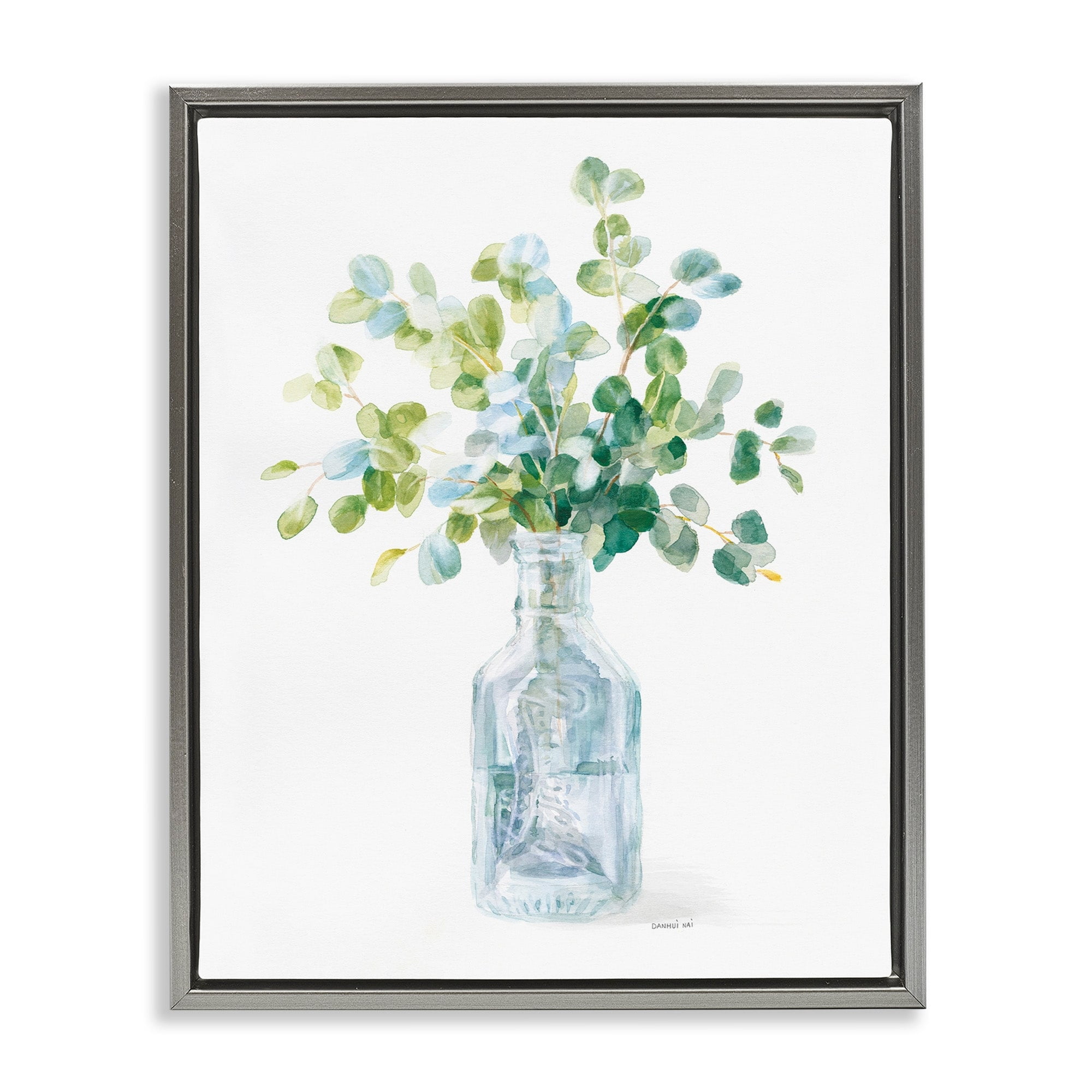 Stupell Industries Flower Jar Still Life Green Blue Painting Luster Gray Framed Floating Canvas Wall Art, 24x30, by Danhui Nai