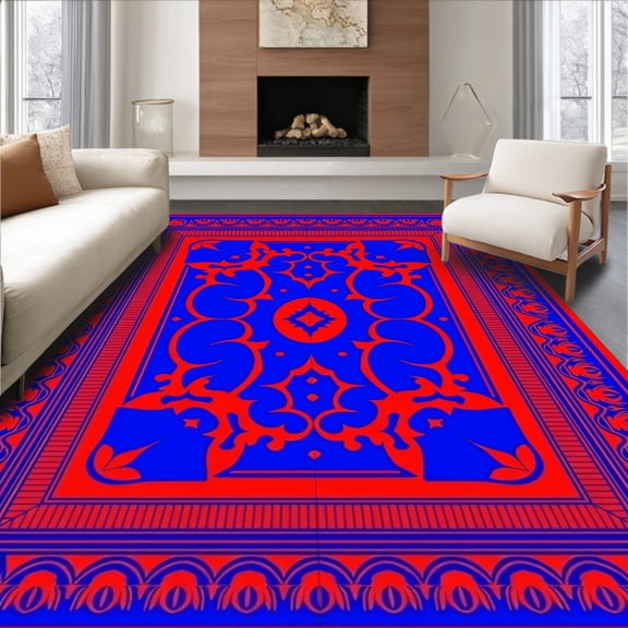 ODIKA 4'x6' Machine Washable Non-Slip Area Rug, Heritage Damask Inspired Ornamental High Traffic Rug, Blue, 387579
