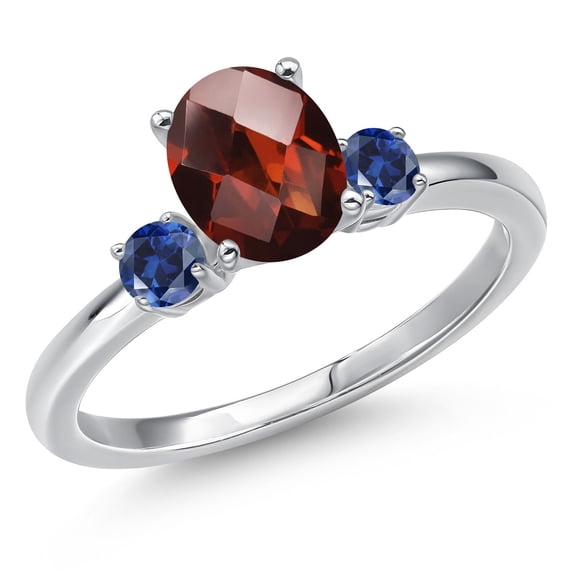 Gem Stone King 14K White Gold Red Garnet and Blue Created Sapphire Engagement Ring for Women | 1.81 Cttw | Oval Checkerboard 8X6MM | Gemstone January Birthstone | Size 6
