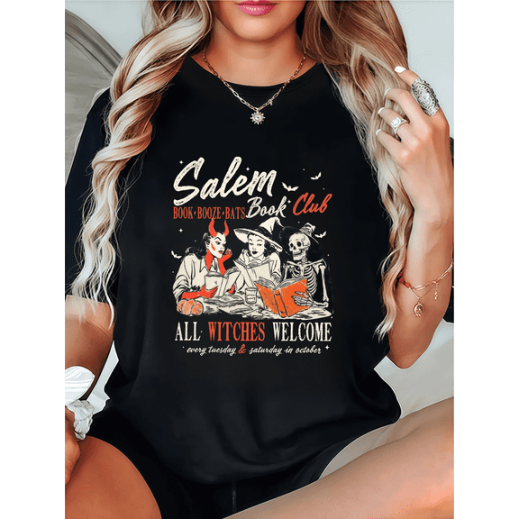 Halloween Salem Book Club T-Shirt Witch Devil Skeleton Pumpkin Gothic Tee S-4XL