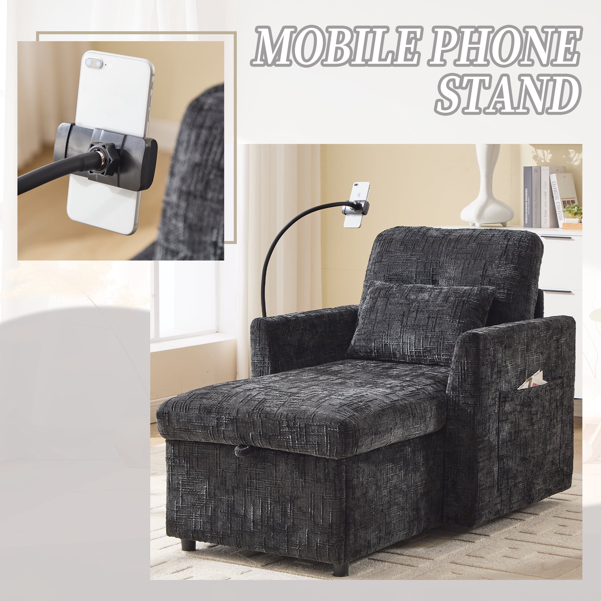 Aukfa Storage Chaise Lounge Single Sofa with Phone Holder and Pillow for Living Room Bedroom, Chenille, Black
