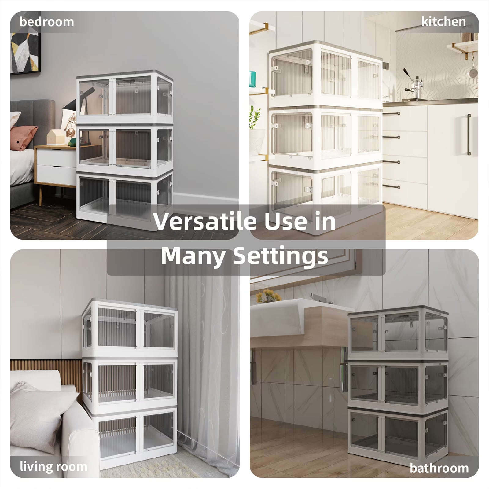 384QTPlastic Storage Bins with Lids, 3 Pack Stackable Collapsible Storage Bins for Closet Organizers and Storage, Folding Storage Container Open Front Cabinets with Doors and Wheels, White
