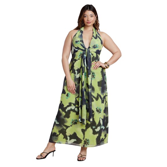 ELOQUII Women's Plus Size Tie-Detail Halter Maxi Dress