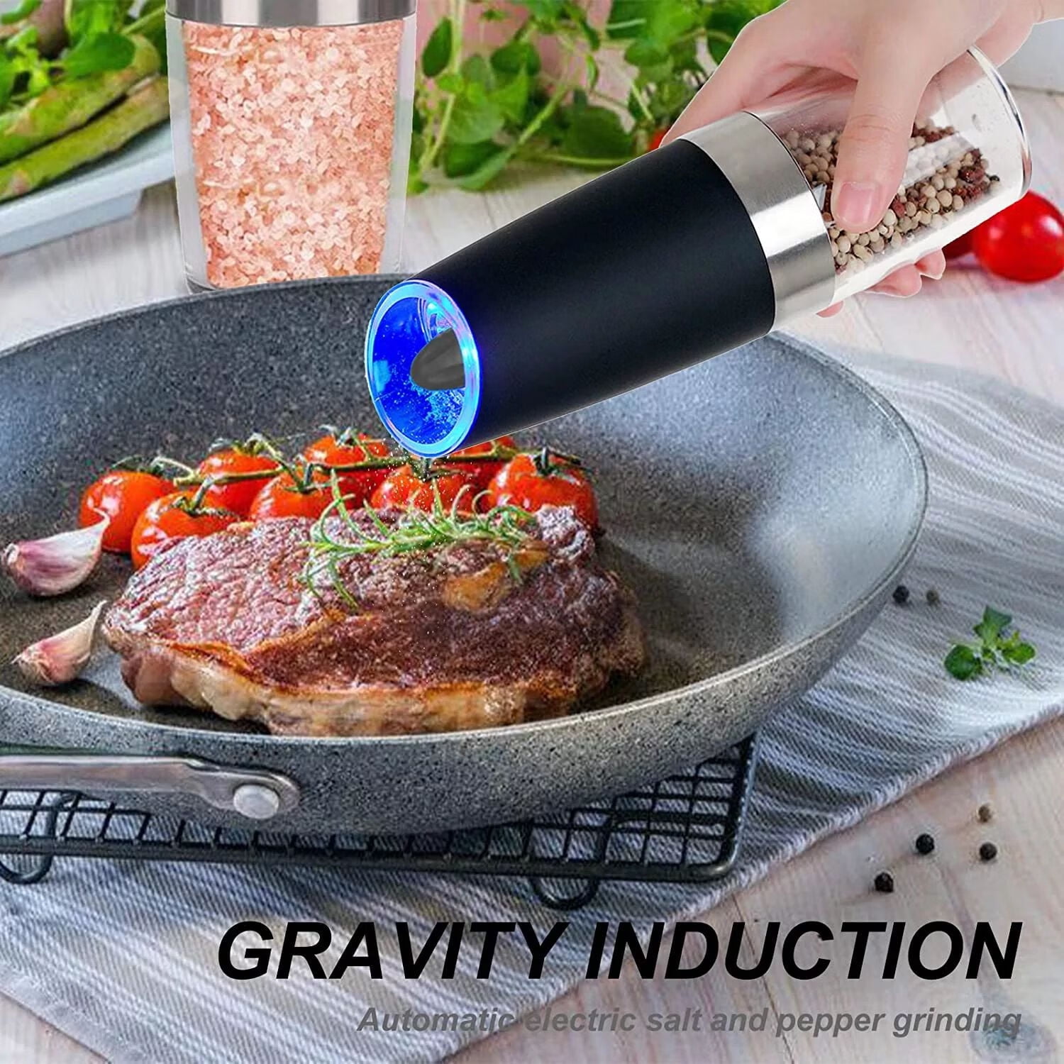 2 Pcs Electric Salt And Pepper Grinder Set Battery Operated One Hand Automatic Operation, Adjustable Coarseness Mill Grinders Shakers Led Light Stainless Steel, Kitchen Gadgets Gifts Ideas