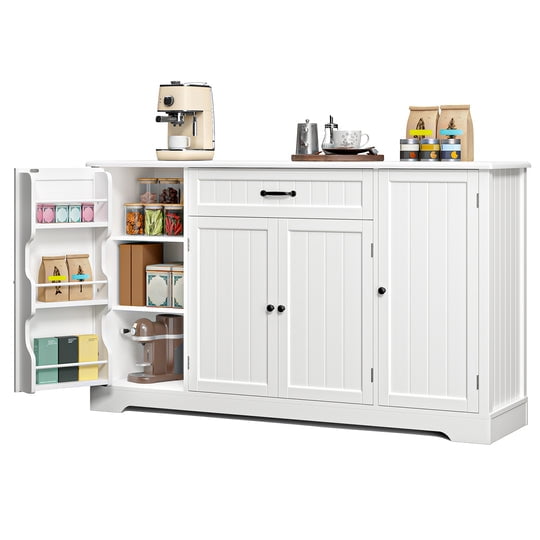 Buffet Cabinet, Aiho Coffee Bar Cabinet with 1 Drawer and 4Doors, 56" Kitchen Storage Cabinet for Kitchen, Living Room and Bathroom - White