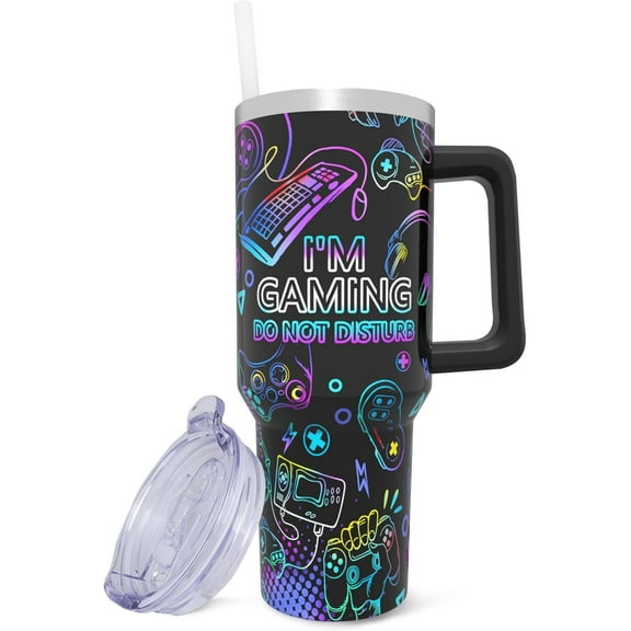 Gamer Gifts for Men, Gamer Tumbler, 40 oz Gaming Tumbler with Handle and Straw and Leak Proof Lid, Reusable Stainless Steel Insulated Gamer Coffee Mug, Cool Gifts for Gamer