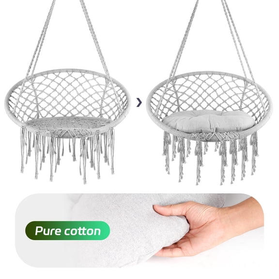 Muweixin Macrame Hammock Chair, 330 lbs Capacity, Pure Cotton Rope, with Cushion & Hardware Kit, Grey Hanging Swing Chair for Indoor Bedroom Outdoor Patio Porch