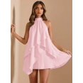 thumbnail image 3 of Coral Pink Womens Flowy Halter Neck Asymmetrical High-Low Mini Dress For Summer Evening Party, 3 of 6