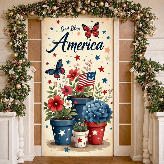 Red White Blue God Bless America Banner Floral Design Patriotic Backdrop Star Pattern Butterfly Decor Background for Independence Day Parties Patriotic Celebrations Home Front Door Decor