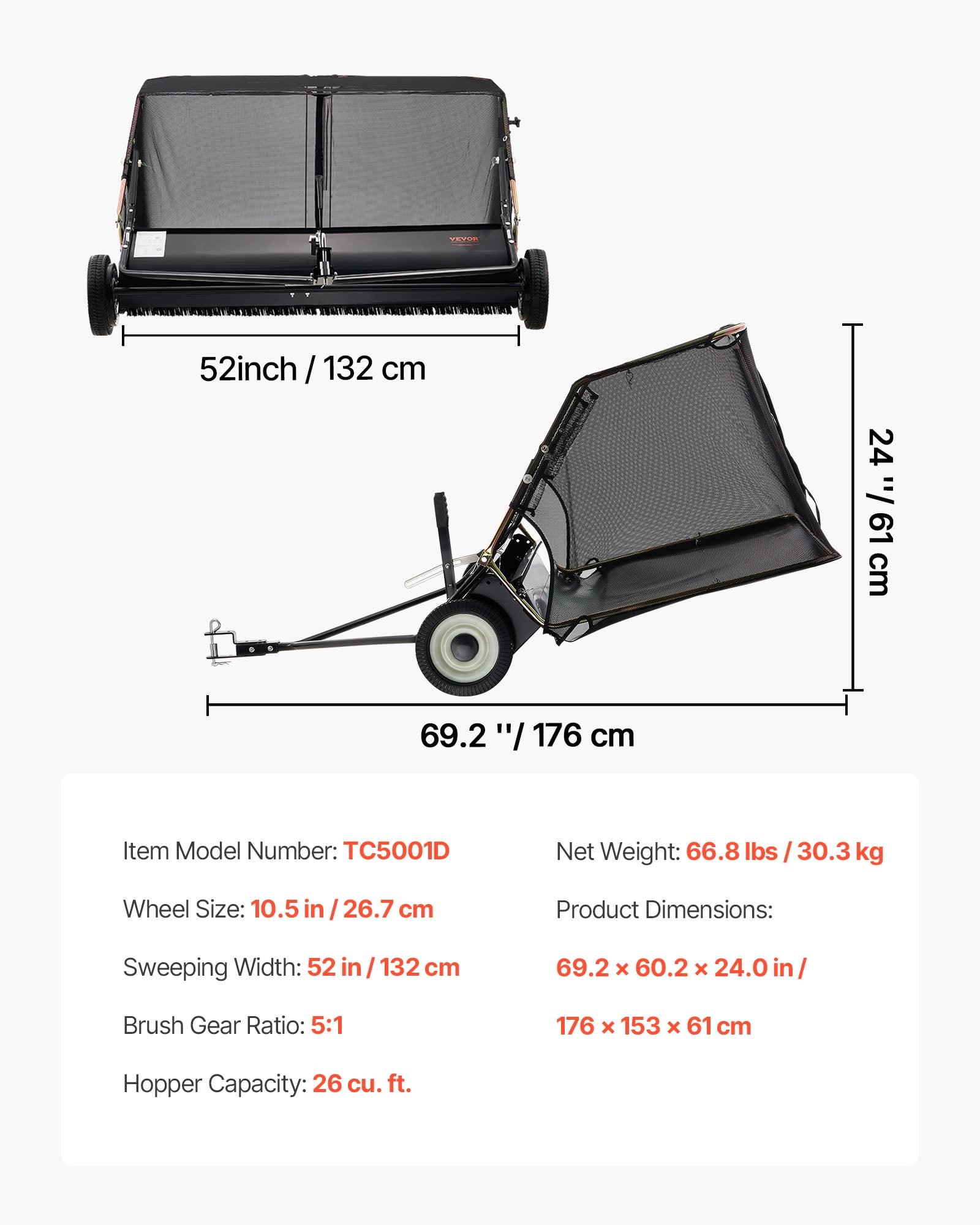 VEVOR 52 in Tow Behind Lawn Sweeper, 26 Cu.ft. Large Yard Sweeper, Adjustable Sweeping Height, Heavy Duty Leaf & Grass Collector with Dumping Rope, Pull Behind Sweepers for Debris Grass Clippings