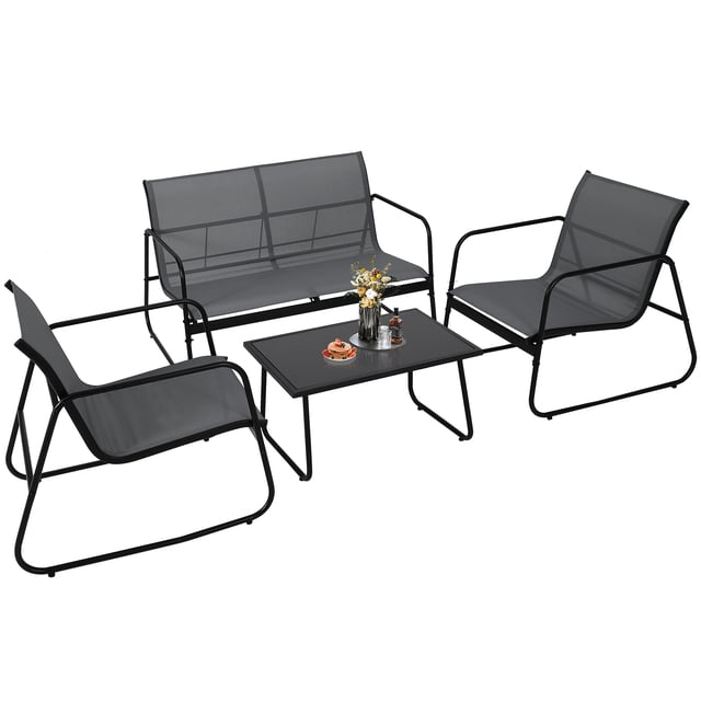 Patio Conversation Set – Modern Grey 4-Piece – Loveseat & 2 Textilene Chairs – Tempered Glass Table – Compact – Garden, Backyard, Balcony & Poolside – Grey